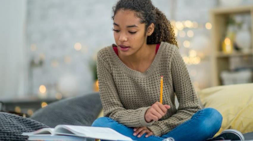 Student pictured reading school textbooks 